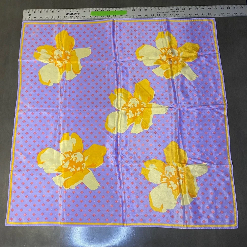 Elaine Gold Vintage Purple Yellow Floral Geometric Square Silk Scarf 30x30